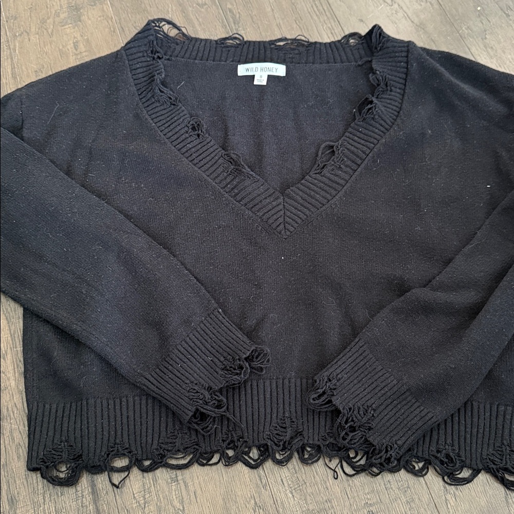 Wild Honey Cropped Sweater, Raw Hem, Knit Slouchy Pullover Womens S Black